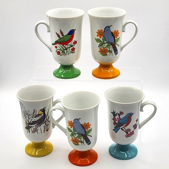 Vintage Fred Roberts Bird Mugs Footed Coffee Tea Cups Set of 5 Japan MCM - Picture 1 of 16
